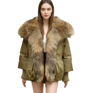 Olive Down Puffer with Oversized Raccoon Fur Collar