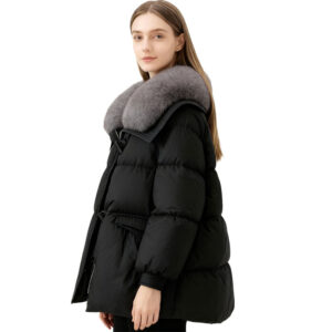 Mid-Length Down Coat with Grey Fox Fur Collar