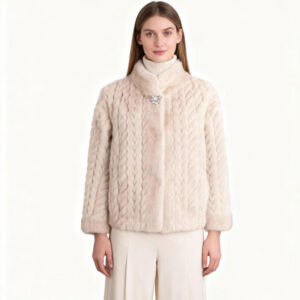 Short Ivory Faux Fur Jacket with Braided Cable Pattern