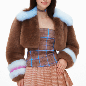 Cropped Faux Fur Coat with Baby Blue Trim – Y2K Pop Glam