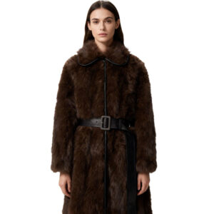 Dark Faux Mink Long Coat with Leather Trim