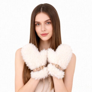 Plush Faux Fur Gloves Winter Mittens with Buckle Trim