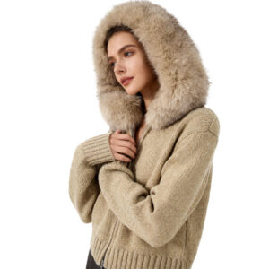 Beige Knit Zip-Up Jacket with Faux Fox Fur Collar