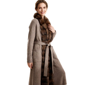 Long Cashmere Belted Cardigan with Sable Mink Fur Trim