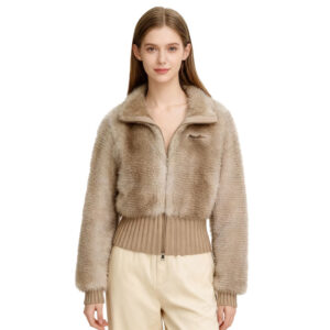 Taupe Faux Fur Knit Bomber Jacket with Ribbed Hem
