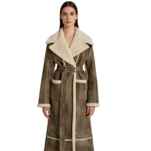 Long Belted Shearling Coat with Real Sheep Fur Trim – Olive Grey