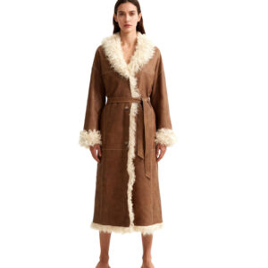 Long Shearling Robe Coat with Real Sheep Fur Trim