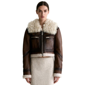 Aviator-Inspired Cropped Shearling Jacket – Real Sheep Fur Collar