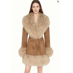 Vintage-Style Suede Trench with Real Sheep Fur Trim