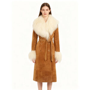 Suede Trench Coat with Real Sheepskin Fur Trim