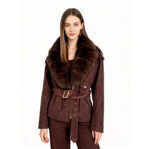 Suede Trench Coat with Real Fox Fur Trim