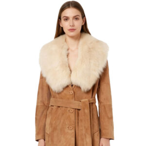Long Suede Belted Coat with Luxe Fur Collar