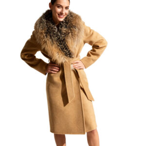 Elegant Camel Wool Coat with Natural Fox Fur Collar – Sophisticated Winter Outerwear