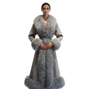Luxury Full-Length Grey Wool Coat with Genuine Sheep Fur Trim
