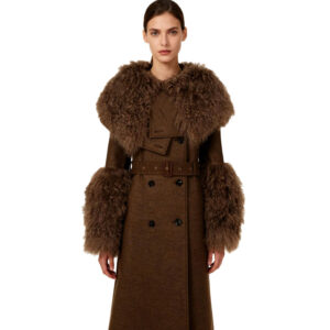 Vintage Brown Wool Trench Coat with Real Sheep Fur Accents