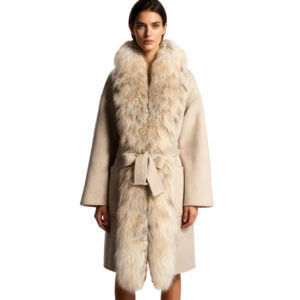 Luxury Wool Trench Coat with Natural Fox Fur Trim – Elegant Winter Outerwear