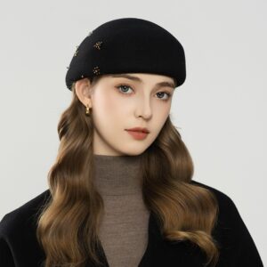 Classic Black Wool Beret with Hand-Embroidered Accents