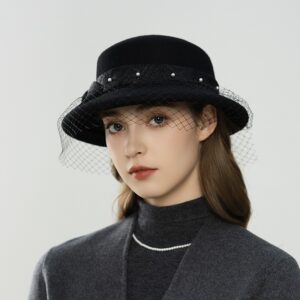 Retro Lace Wool Felt Bucket Hat with Veil Detail