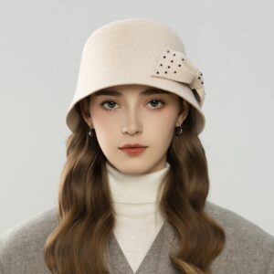Ivory Wool Cloche Hat with Studded Bow Accent