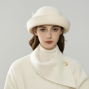 Ivory Wool Felt Cashmere Hat with Floral Appliqué & Veil Netting
