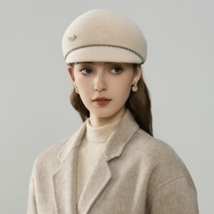 Ivory Wool Felt Baseball Beret with Crystal Chain Detail