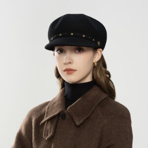 Black Wool Military Beret Cap with Gold Stud Embellishments