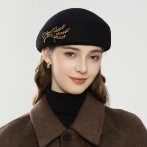 Embroidered Black Wool Beret with Beaded Wheat Detail