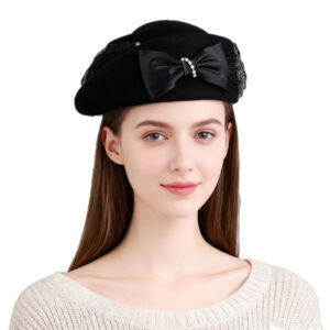 Elegant 100% Wool Beret with Satin Bow & Lace Detailing