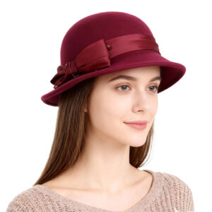 Burgundy Satin Bow Wool Bucket Hat – 100% Wool