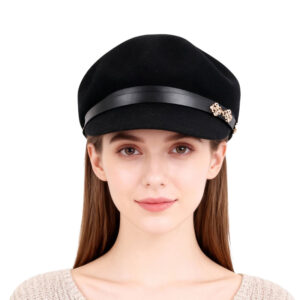 Black Wool Military-Style Cap with Decorative Accent – 100% Wool