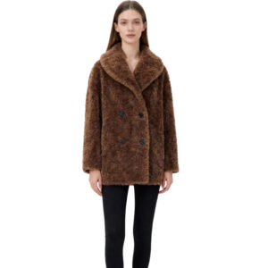 Double-Breasted Real Sheep Fur Jacket – Chestnut Brown