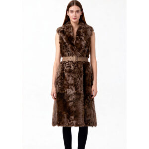 Sleeveless Real Lamb Fur Coat with Belt – Chocolate Brown