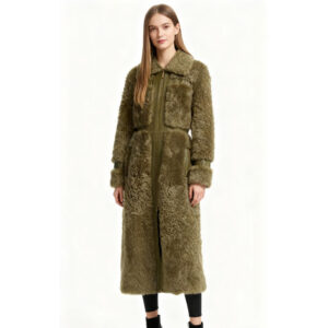 Olive Green Panelled Real Lamb Fur Maxi Coat