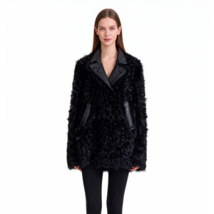Black Sheepskin Fur Aviator Coat with Leather Trim