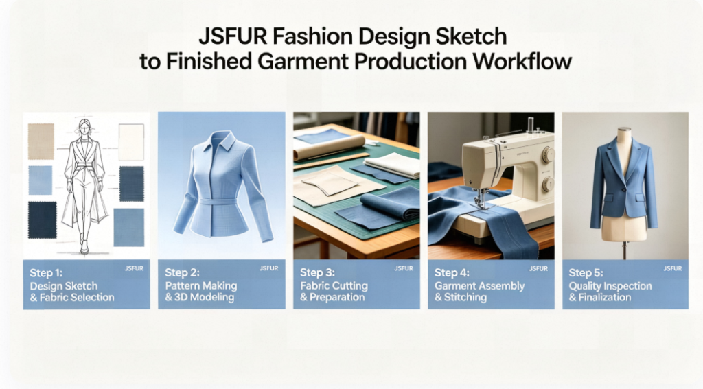 Fashion design sketch to finished garment production workflow | JSFUR