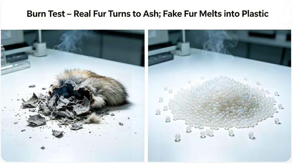 Burn test real fox fur ash vs fake fur plastic beads
